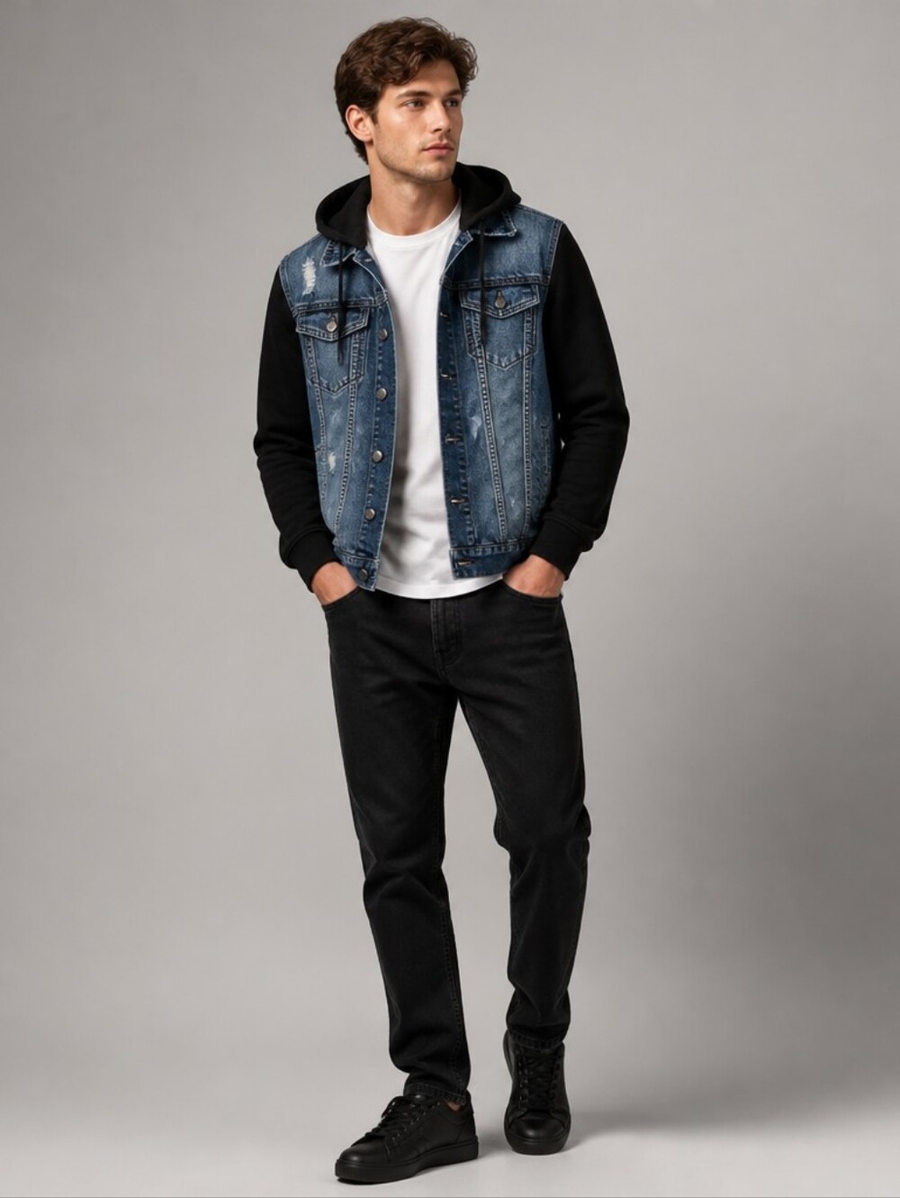 Brooklyn Calling NYC Denim Jacket with Black Hoodie Sleeves